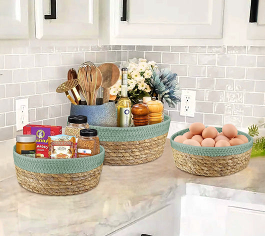 Set 3 Cestini In Corda Di Cotone e Paglia Portaoggetti Moderni Bicolore Design Elegante Contenitori Impilabili Organizzazione Cestino Bagno Porta Lavette Accessori Stoccaggio Organizer Casa  - LuandaSalvia