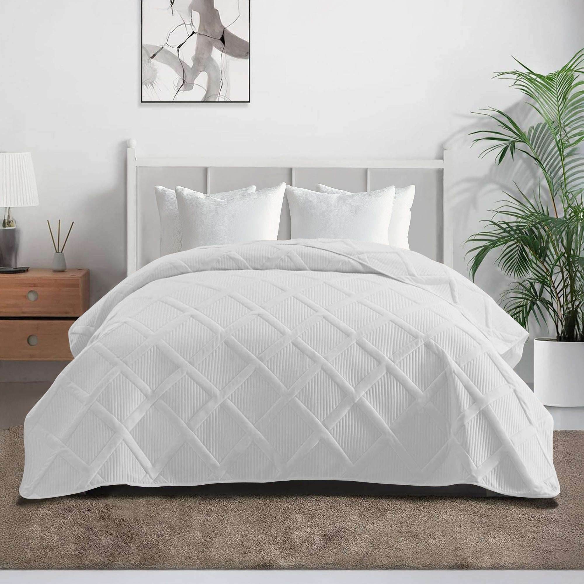 Copriletto Trapuntato Matrimoniale Elegante Trapuntino Lavorazione Intrecciata Due Piazze Trapunta Coperta Leggera Coperta Letto Leggera Primavera Estate  - Bianco