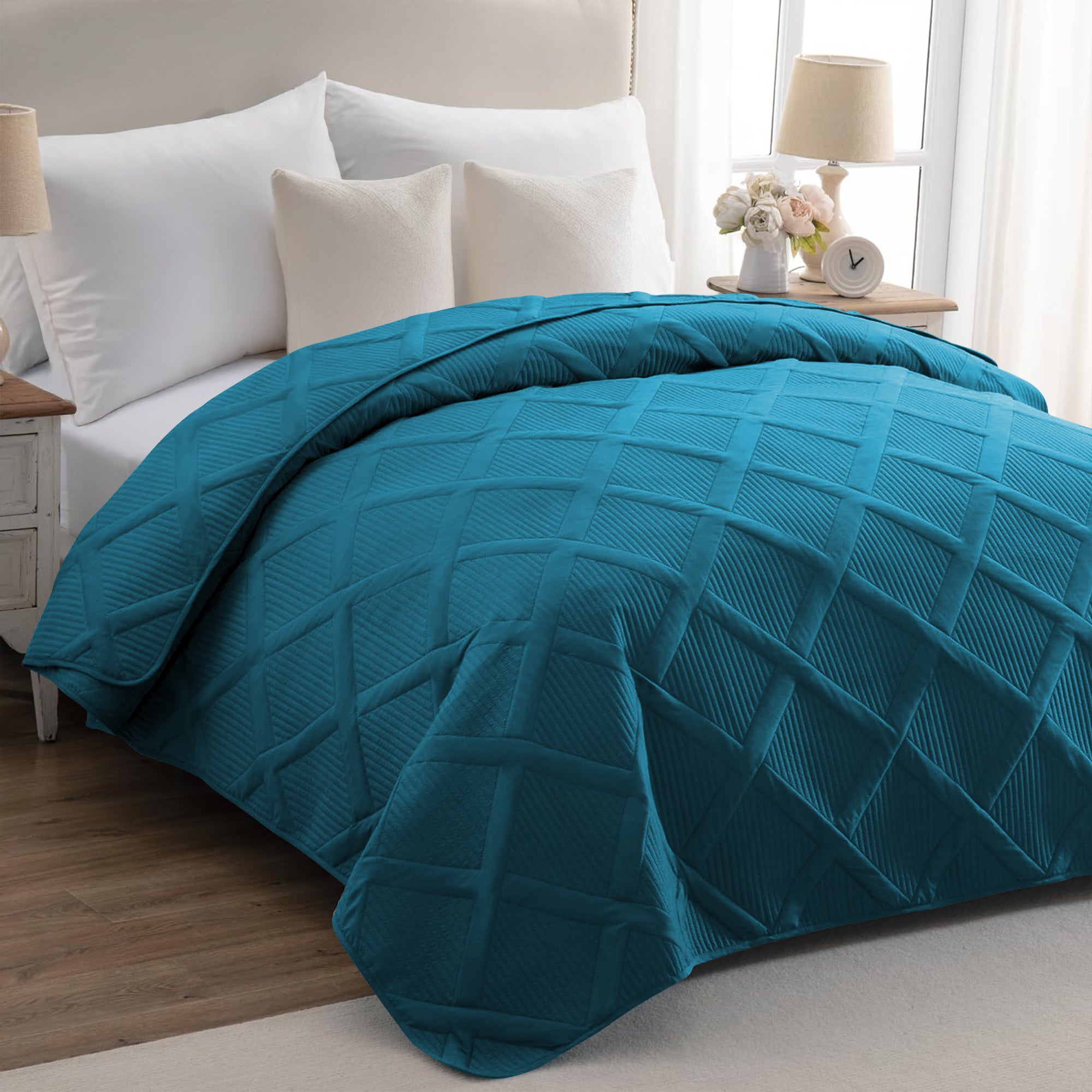 Copriletto Trapuntato Matrimoniale Elegante Trapuntino Lavorazione Intrecciata Due Piazze Trapunta Coperta Leggera Coperta Letto Leggera Primavera Estate  - Petrolio
