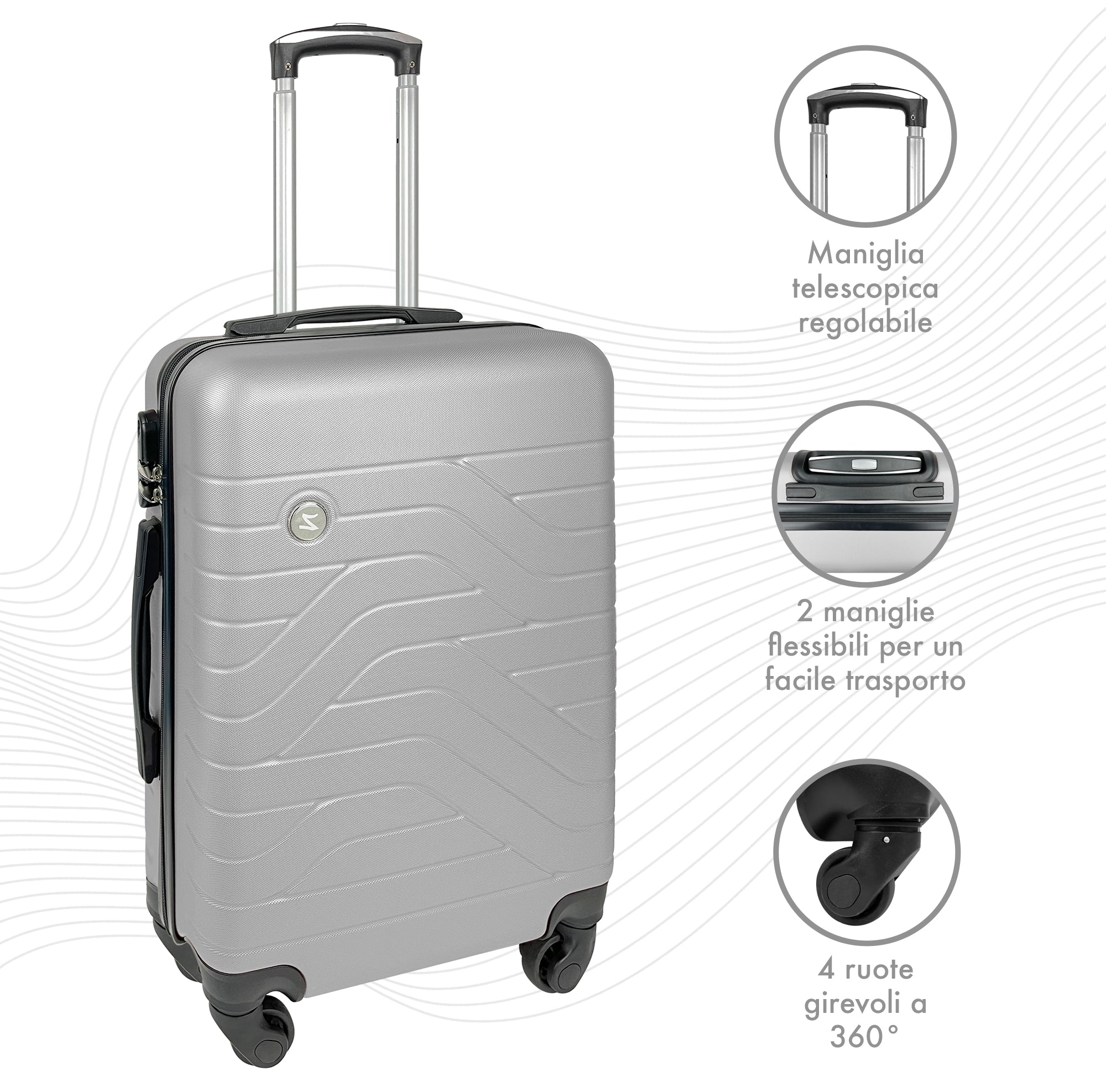 Trolley Bagaglio Mano Rigido 37x20x54.5 Piccolo Ultraleggero Valigia In Abs Con 4 Ruote Manico Chiusura Di Sicurezza Per Compagnie Low Cost Economy Zaino Da Viaggio  - Argento