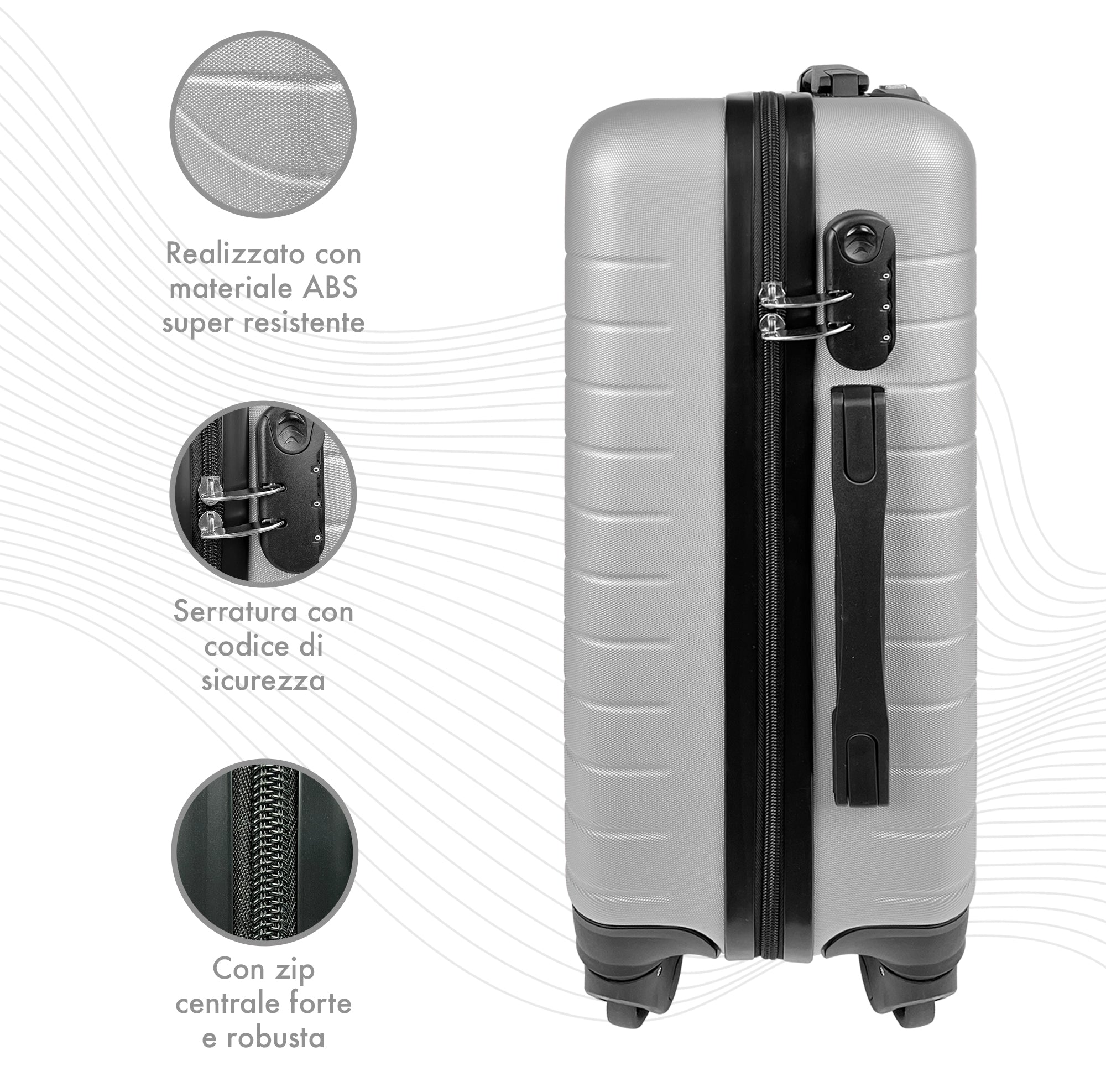 Trolley Bagaglio Mano Rigido 37x20x54.5 Piccolo Ultraleggero Valigia In Abs Con 4 Ruote Manico Chiusura Di Sicurezza Per Compagnie Low Cost Economy Zaino Da Viaggio  - Argento