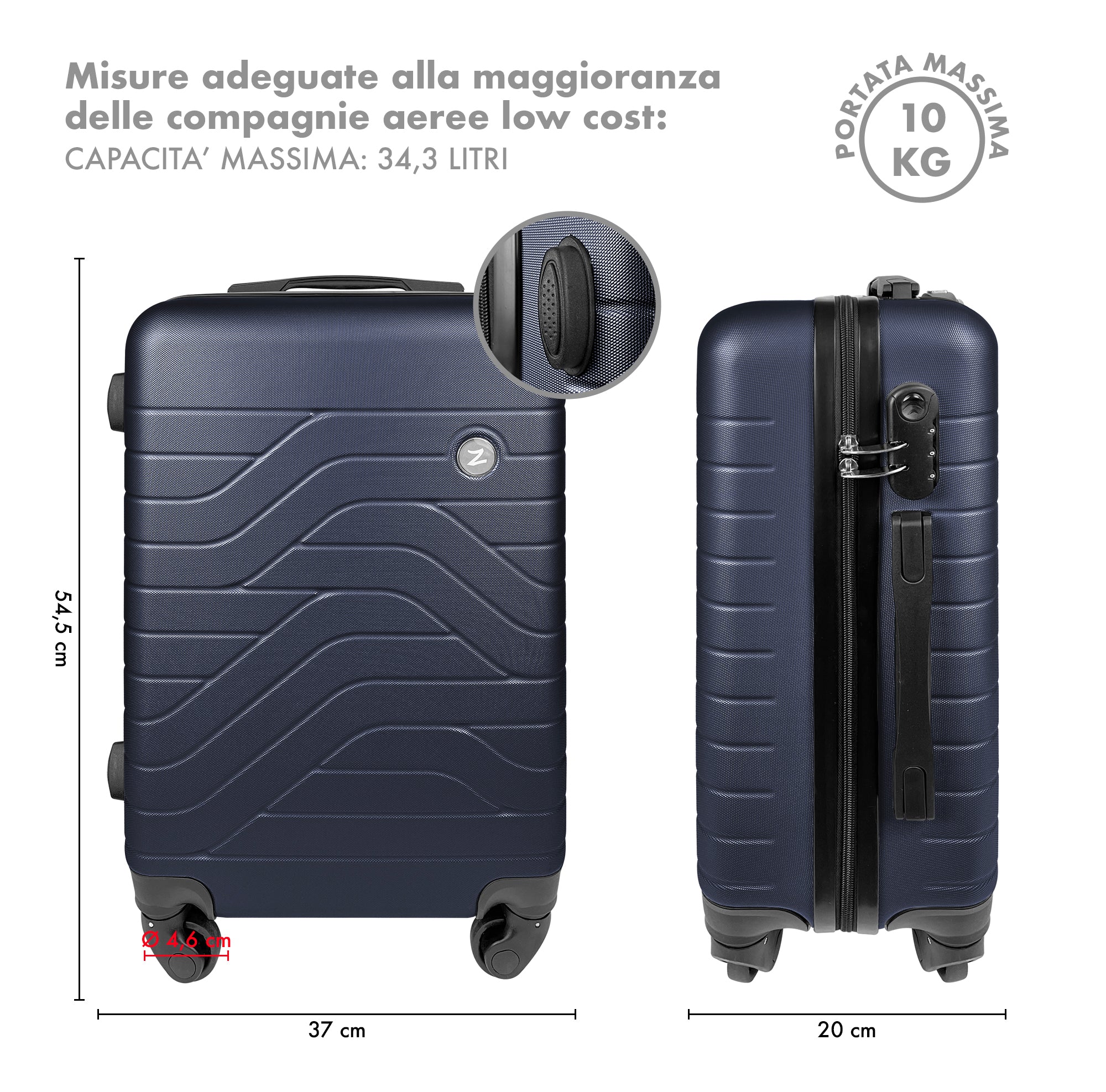 Trolley Bagaglio Mano Rigido 37x20x54.5 Piccolo Ultraleggero Valigia In Abs Con 4 Ruote Manico Chiusura Di Sicurezza Per Compagnie Low Cost Economy Zaino Da Viaggio  - Blu Navy