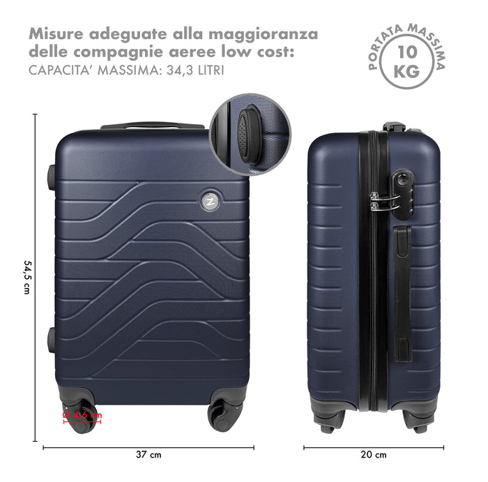 Trolley Bagaglio Mano Rigido 37x20x54.5 Piccolo Ultraleggero Valigia In Abs Con 4 Ruote Manico Chiusura Di Sicurezza Per Compagnie Low Cost Economy Zaino Da Viaggio  - Blu Navy