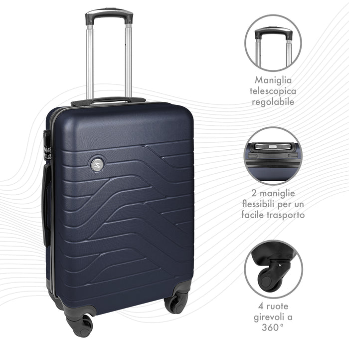 Trolley Bagaglio Mano Rigido 37x20x54.5 Piccolo Ultraleggero Valigia In Abs Con 4 Ruote Manico Chiusura Di Sicurezza Per Compagnie Low Cost Economy Zaino Da Viaggio  - Blu Navy