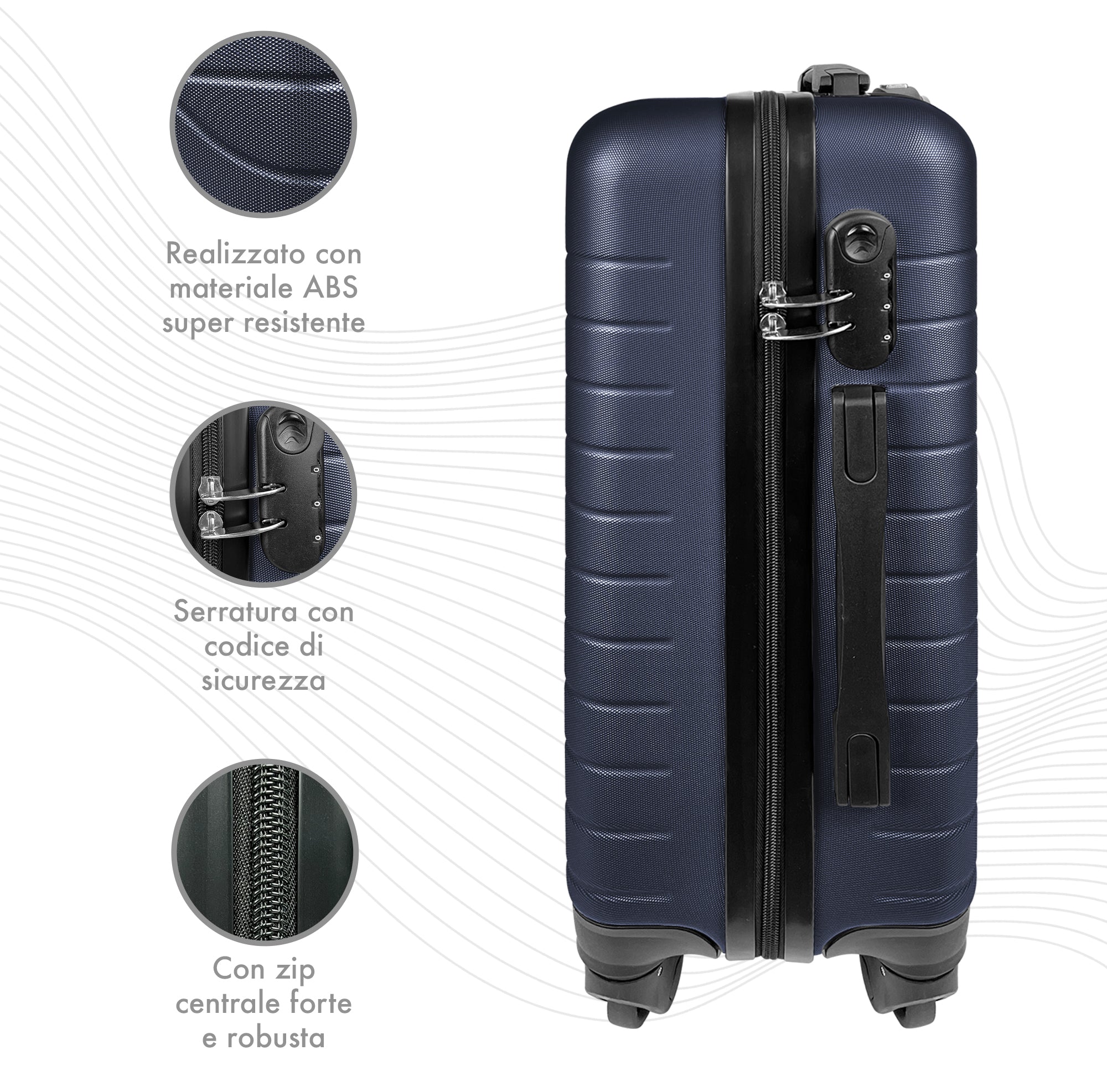 Trolley Bagaglio Mano Rigido 37x20x54.5 Piccolo Ultraleggero Valigia In Abs Con 4 Ruote Manico Chiusura Di Sicurezza Per Compagnie Low Cost Economy Zaino Da Viaggio  - Blu Navy
