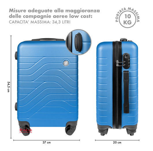 Trolley Bagaglio Mano Rigido 37x20x54.5 Piccolo Ultraleggero Valigia In Abs Con 4 Ruote Manico Chiusura Di Sicurezza Per Compagnie Low Cost Economy Zaino Da Viaggio  - Blu Royal