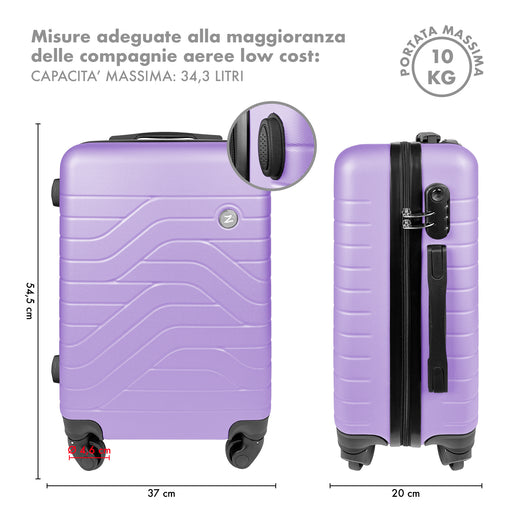 Trolley Bagaglio Mano Rigido 37x20x54.5 Piccolo Ultraleggero Valigia In Abs Con 4 Ruote Manico Chiusura Di Sicurezza Per Compagnie Low Cost Economy Zaino Da Viaggio  - Lilla