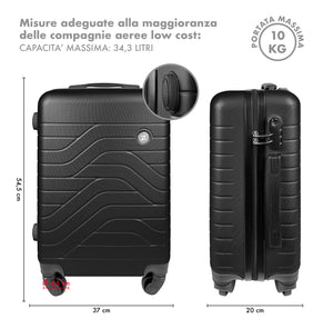 Trolley Bagaglio Mano Rigido 37x20x54.5 Piccolo Ultraleggero Valigia In Abs Con 4 Ruote Manico Chiusura Di Sicurezza Per Compagnie Low Cost Economy Zaino Da Viaggio  - Nero