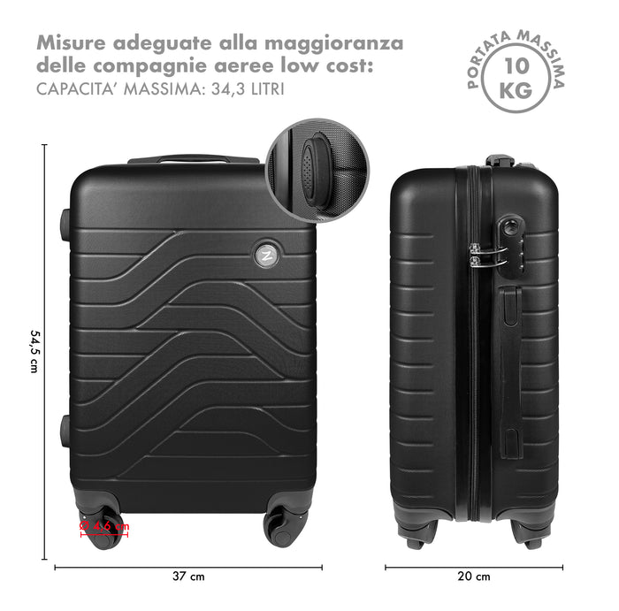 Trolley Bagaglio Mano Rigido 37x20x54.5 Piccolo Ultraleggero Valigia In Abs Con 4 Ruote Manico Chiusura Di Sicurezza Per Compagnie Low Cost Economy Zaino Da Viaggio  - Nero