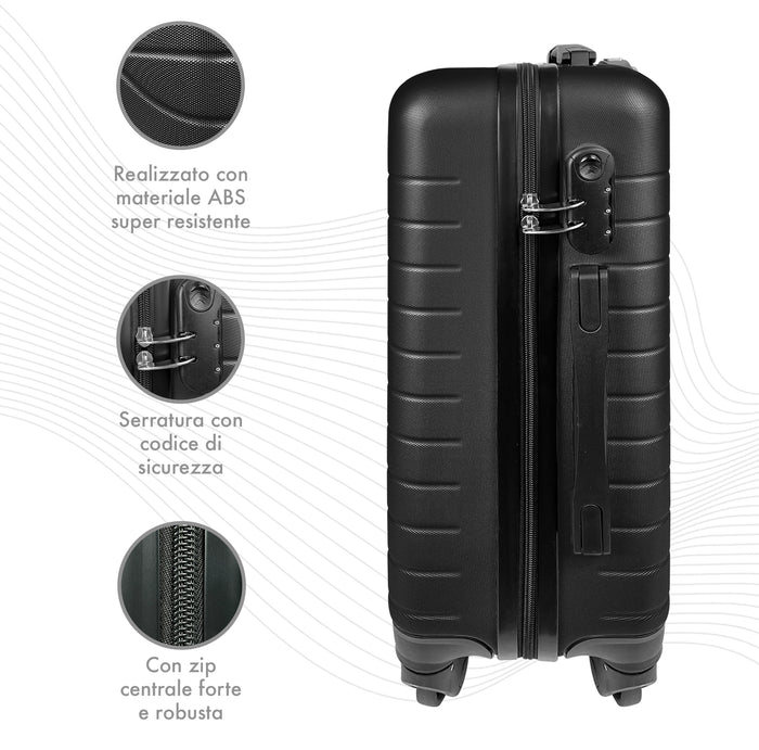 Trolley Bagaglio Mano Rigido 37x20x54.5 Piccolo Ultraleggero Valigia In Abs Con 4 Ruote Manico Chiusura Di Sicurezza Per Compagnie Low Cost Economy Zaino Da Viaggio  - Nero