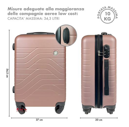 Trolley Bagaglio Mano Rigido 37x20x54.5 Piccolo Ultraleggero Valigia In Abs Con 4 Ruote Manico Chiusura Di Sicurezza Per Compagnie Low Cost Economy Zaino Da Viaggio  - Oro Rosa