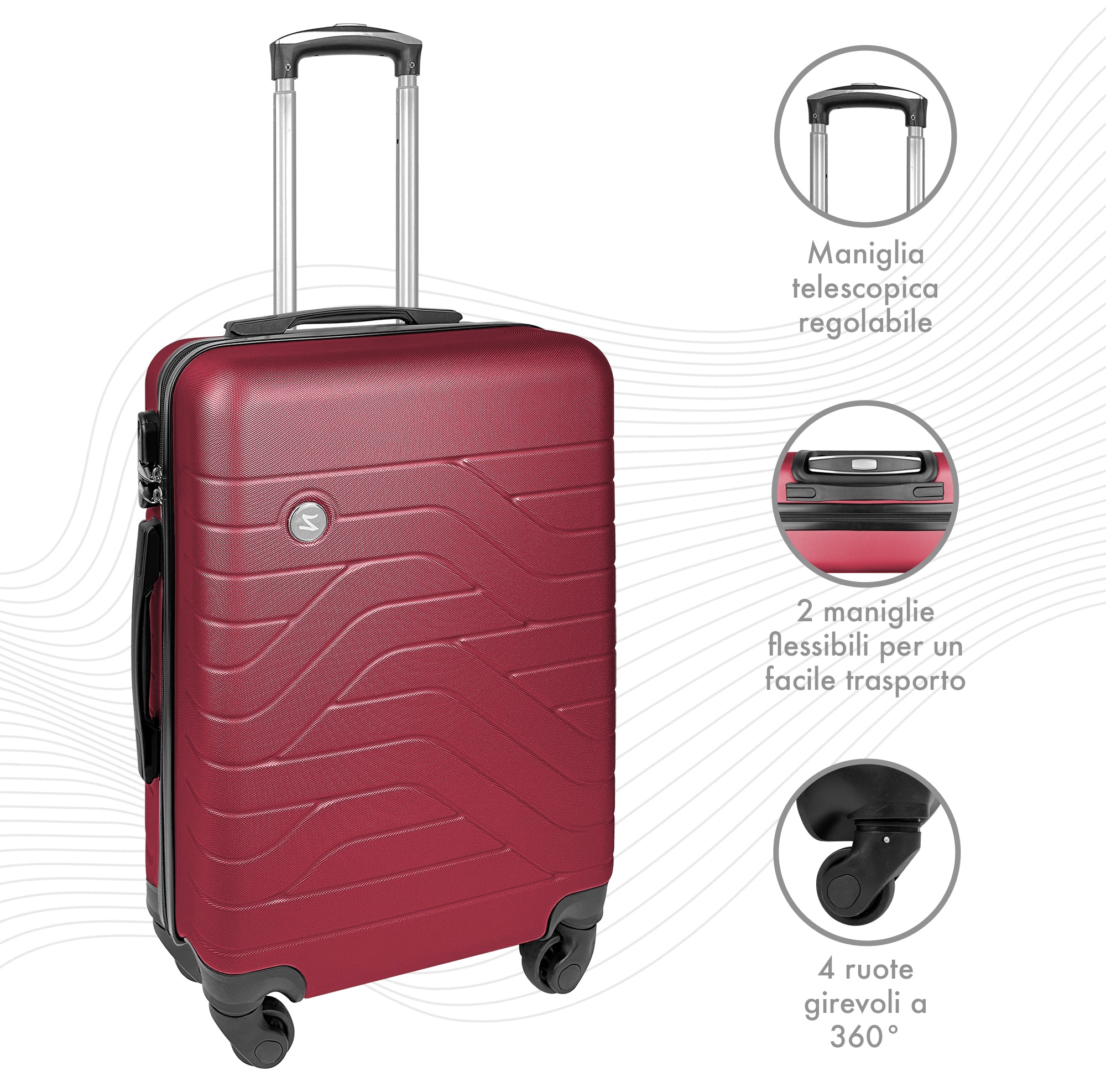 Trolley Bagaglio Mano Rigido 37x20x54.5 Piccolo Ultraleggero Valigia In Abs Con 4 Ruote Manico Chiusura Di Sicurezza Per Compagnie Low Cost Economy Zaino Da Viaggio  - Rosso