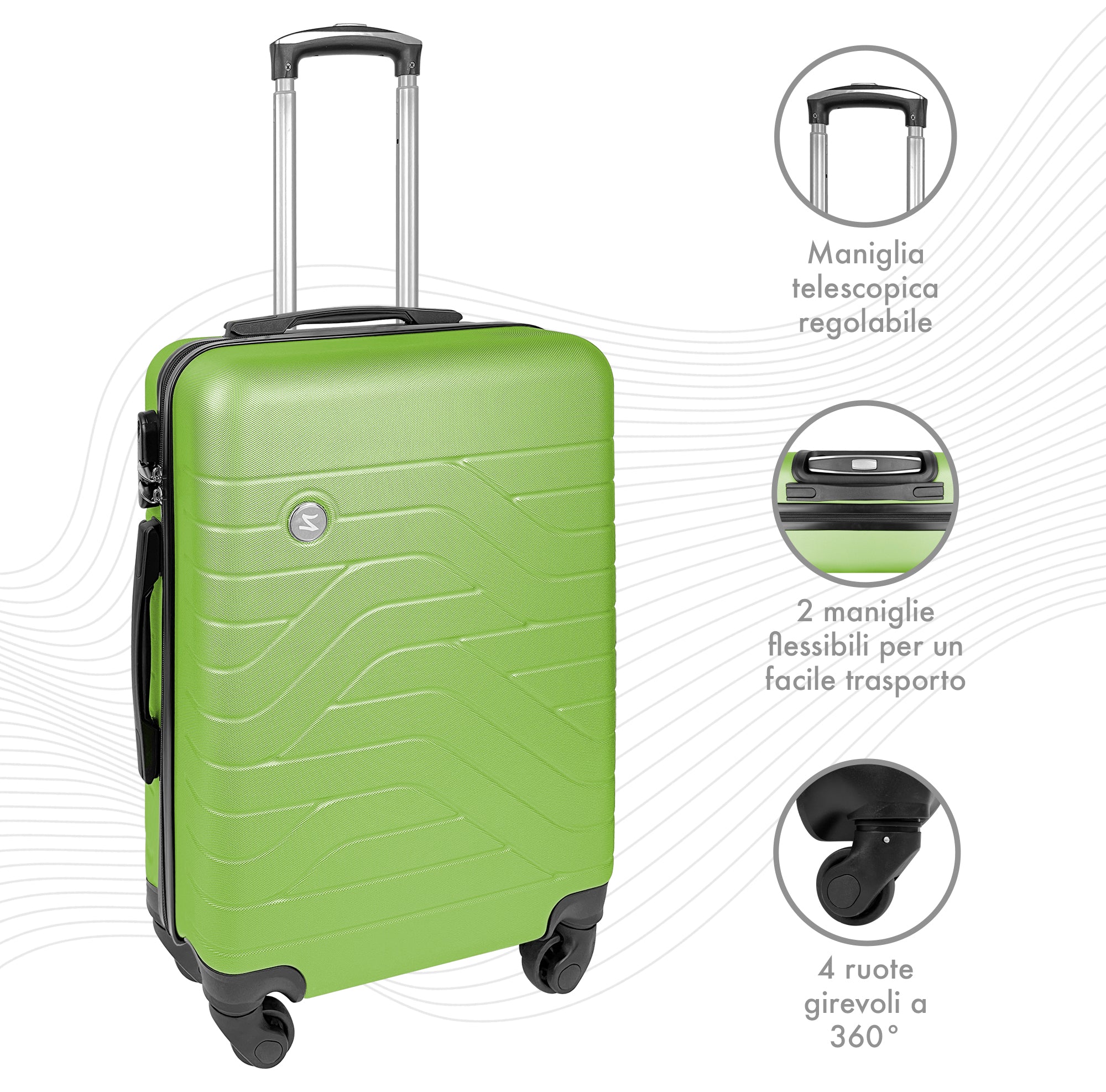 Trolley Bagaglio Mano Rigido 37x20x54.5 Piccolo Ultraleggero Valigia In Abs Con 4 Ruote Manico Chiusura Di Sicurezza Per Compagnie Low Cost Economy Zaino Da Viaggio  - Verde