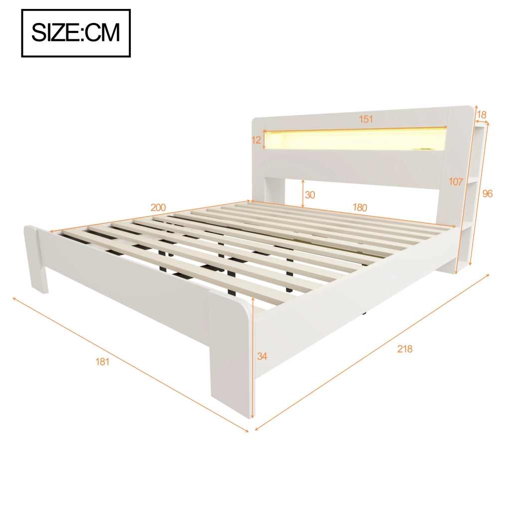 LETTO con testiera portaoggetti e LED 180 x 200 cm Legno Bianco