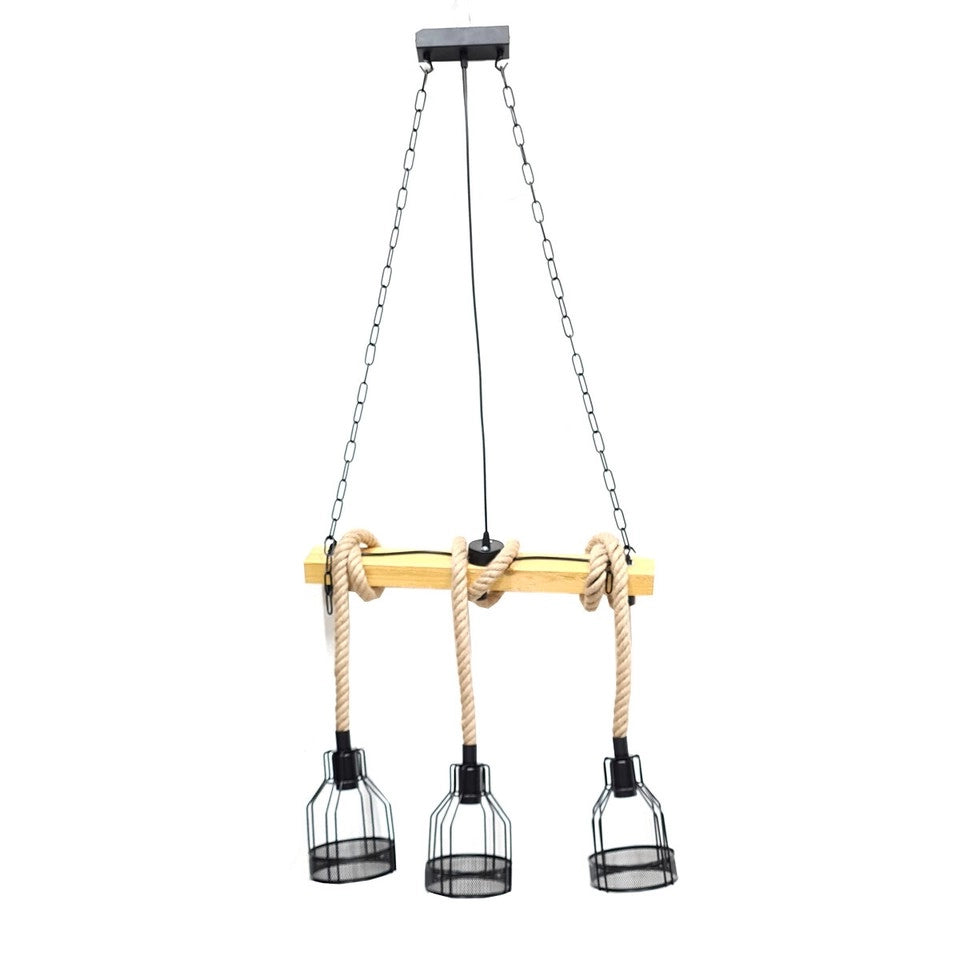 LAMPADARIO SOSPENSIONE VINTAGE E27 CANAPA RETRO COUNTRY LEGNO GABBIA INDUSTRIALE
