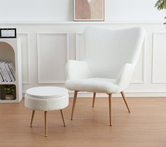 Poltrona Imbottita Ergonomica Con Schienale E Braccioli Con Poggiapiedi Contenitore Camera Da Letto Salotto Moderna Pouf Sedia Effetto Teddy Morbida - Bianco