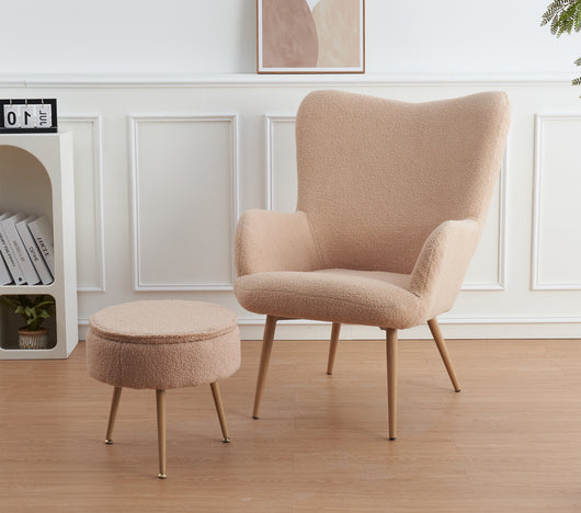 Poltrona Imbottita Ergonomica Con Schienale E Braccioli Con Poggiapiedi Contenitore Camera Da Letto Salotto Moderna Pouf Sedia Effetto Teddy Morbida - Biscotto