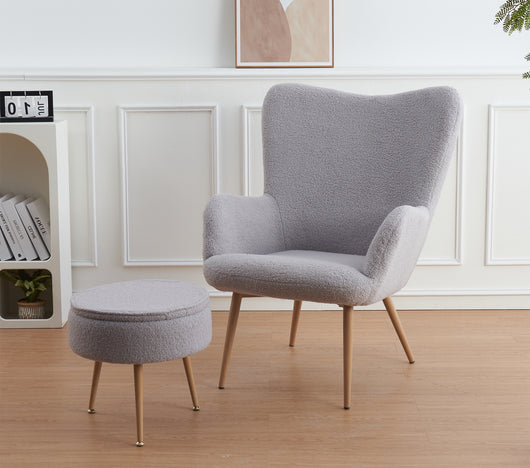 Poltrona Imbottita Ergonomica Con Schienale E Braccioli Con Poggiapiedi Contenitore Camera Da Letto Salotto Moderna Pouf Sedia Effetto Teddy Morbida - Grigio