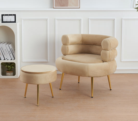 Poltrona Camera da Letto e Salotto in Velluto con Poggiapiedi Contenitore - Poltroncina Relax Moderna con Gambe in Metallo Placcato Oro - Design Moderno, Seduta Morbida con Cuscino - Sedia in Velluto - Biscotto