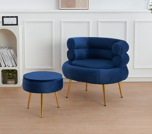 Poltrona Camera da Letto e Salotto in Velluto con Poggiapiedi Contenitore - Poltroncina Relax Moderna con Gambe in Metallo Placcato Oro - Design Moderno, Seduta Morbida con Cuscino - Sedia in Velluto - Blu