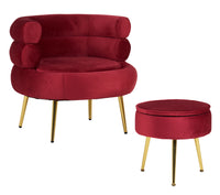 Poltrona Camera da Letto e Salotto in Velluto con Poggiapiedi Contenitore - Poltroncina Relax Moderna con Gambe in Metallo Placcato Oro - Design Moderno, Seduta Morbida con Cuscino - Sedia in Velluto - Bordeaux
