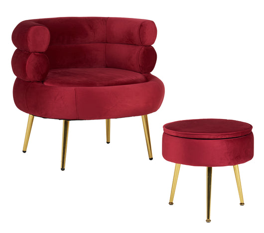 Poltrona Camera da Letto e Salotto in Velluto con Poggiapiedi Contenitore - Poltroncina Relax Moderna con Gambe in Metallo Placcato Oro - Design Moderno, Seduta Morbida con Cuscino - Sedia in Velluto - Bordeaux
