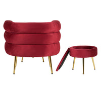 Poltrona Camera da Letto e Salotto in Velluto con Poggiapiedi Contenitore - Poltroncina Relax Moderna con Gambe in Metallo Placcato Oro - Design Moderno, Seduta Morbida con Cuscino - Sedia in Velluto - Bordeaux