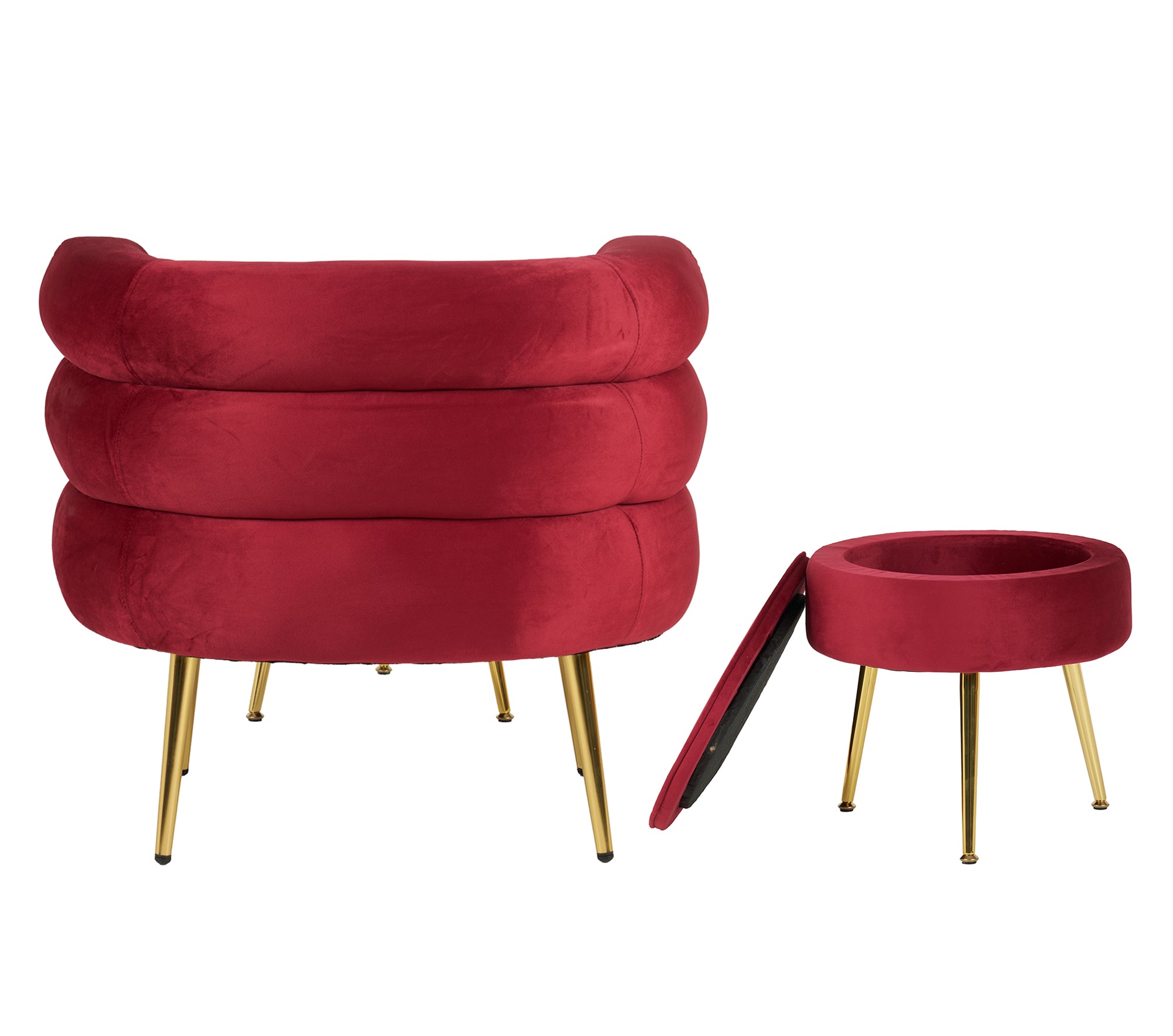 Poltrona Camera da Letto e Salotto in Velluto con Poggiapiedi Contenitore - Poltroncina Relax Moderna con Gambe in Metallo Placcato Oro - Design Moderno, Seduta Morbida con Cuscino - Sedia in Velluto - Bordeaux