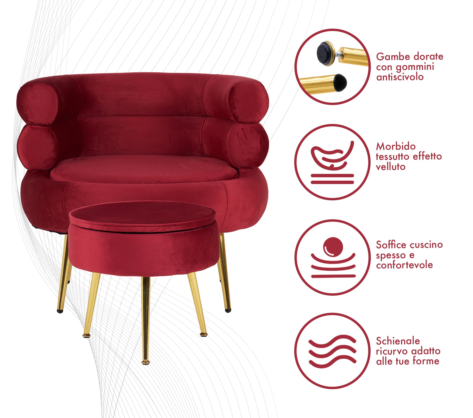 Poltrona Camera da Letto e Salotto in Velluto con Poggiapiedi Contenitore - Poltroncina Relax Moderna con Gambe in Metallo Placcato Oro - Design Moderno, Seduta Morbida con Cuscino - Sedia in Velluto - Bordeaux
