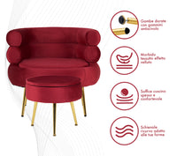 Poltrona Camera da Letto e Salotto in Velluto con Poggiapiedi Contenitore - Poltroncina Relax Moderna con Gambe in Metallo Placcato Oro - Design Moderno, Seduta Morbida con Cuscino - Sedia in Velluto - Bordeaux