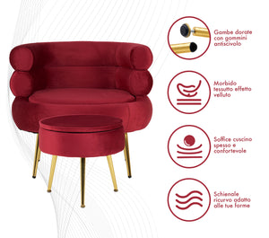 Poltrona Camera da Letto e Salotto in Velluto con Poggiapiedi Contenitore - Poltroncina Relax Moderna con Gambe in Metallo Placcato Oro - Design Moderno, Seduta Morbida con Cuscino - Sedia in Velluto - Bordeaux