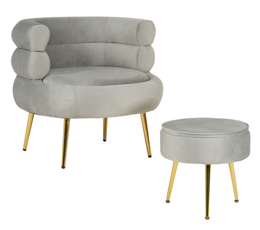 Poltrona Camera da Letto e Salotto in Velluto con Poggiapiedi Contenitore - Poltroncina Relax Moderna con Gambe in Metallo Placcato Oro - Design Moderno, Seduta Morbida con Cuscino - Sedia in Velluto - Grigio