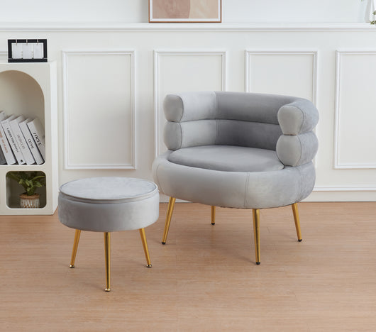 Poltrona Camera da Letto e Salotto in Velluto con Poggiapiedi Contenitore - Poltroncina Relax Moderna con Gambe in Metallo Placcato Oro - Design Moderno, Seduta Morbida con Cuscino - Sedia in Velluto - Grigio
