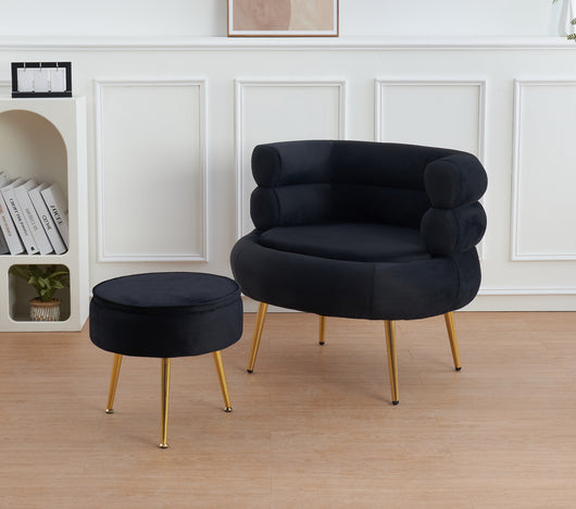 Poltrona Camera da Letto e Salotto in Velluto con Poggiapiedi Contenitore - Poltroncina Relax Moderna con Gambe in Metallo Placcato Oro - Design Moderno, Seduta Morbida con Cuscino - Sedia in Velluto - Nero