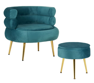 Poltrona Camera da Letto e Salotto in Velluto con Poggiapiedi Contenitore - Poltroncina Relax Moderna con Gambe in Metallo Placcato Oro - Design Moderno, Seduta Morbida con Cuscino - Sedia in Velluto - Petrolio