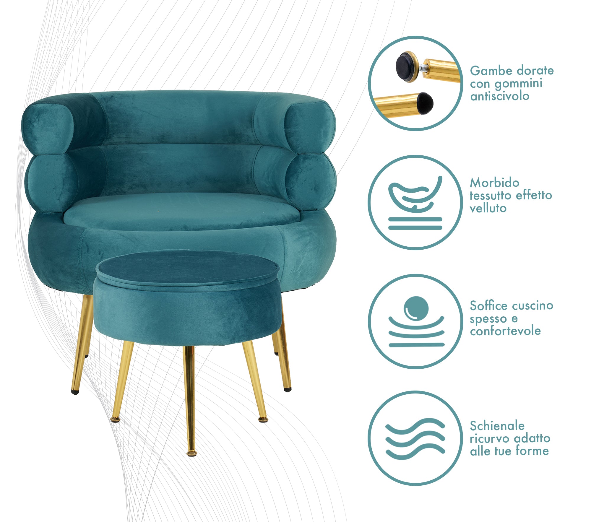 Poltrona Camera da Letto e Salotto in Velluto con Poggiapiedi Contenitore - Poltroncina Relax Moderna con Gambe in Metallo Placcato Oro - Design Moderno, Seduta Morbida con Cuscino - Sedia in Velluto - Petrolio