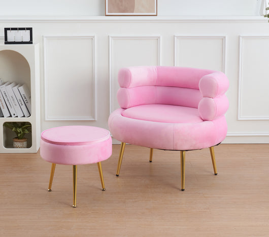 Poltrona Camera da Letto e Salotto in Velluto con Poggiapiedi Contenitore - Poltroncina Relax Moderna con Gambe in Metallo Placcato Oro - Design Moderno, Seduta Morbida con Cuscino - Sedia in Velluto - Rosa