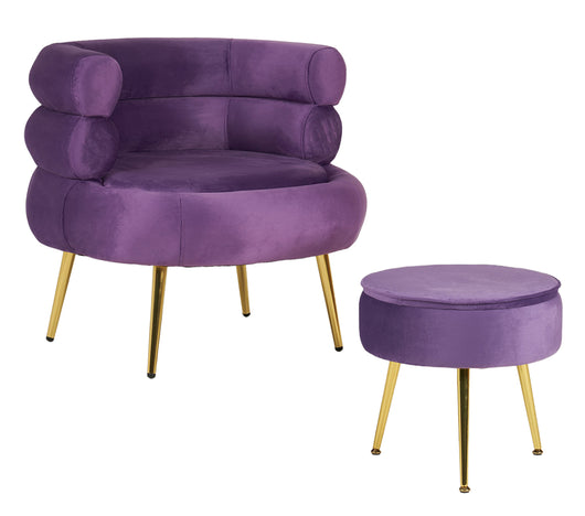 Poltrona Camera da Letto e Salotto in Velluto con Poggiapiedi Contenitore - Poltroncina Relax Moderna con Gambe in Metallo Placcato Oro - Design Moderno, Seduta Morbida con Cuscino - Sedia in Velluto - Viola