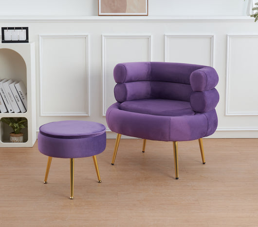 Poltrona Camera da Letto e Salotto in Velluto con Poggiapiedi Contenitore - Poltroncina Relax Moderna con Gambe in Metallo Placcato Oro - Design Moderno, Seduta Morbida con Cuscino - Sedia in Velluto - Viola