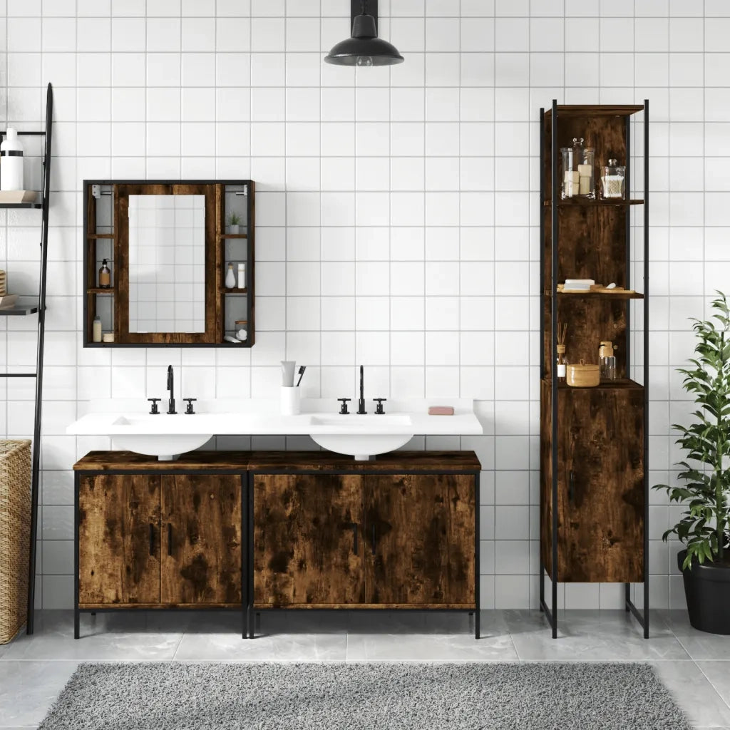 Set Mobili da Bagno | Armadio da bagno 4 pz Rovere Fumo in Legno Multistrato