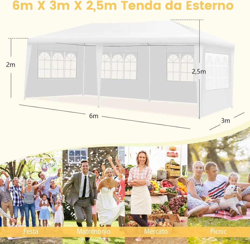Gazebo da Giardino 3 x 6 m, Tendone per Feste con 4 Tende Laterali Rimovibili e 2 Porte con Cerniera, Con Borsa di Trasporto, Impermeabile Protezione UV