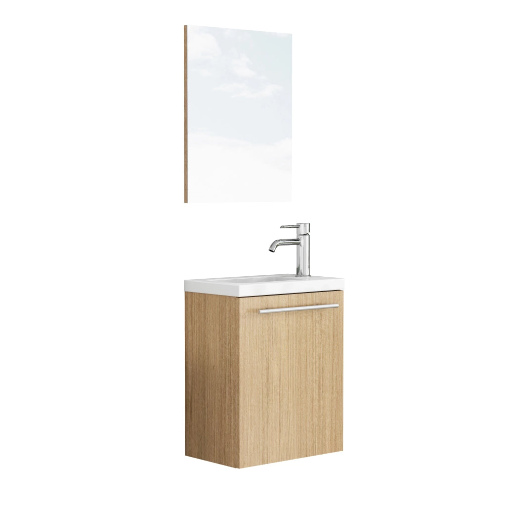 Mobiletto da bagno a parete con lavabo in ceramica e specchio, maniglie in metallo, cerniere con chiusura ammortizzata, completamente preassemblato,