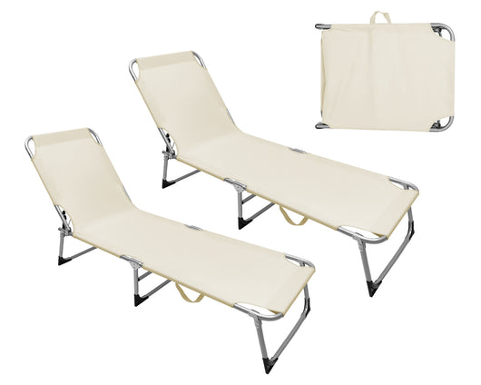 Coppia Set 2 Pezzi Lettino Prendisole Struttura In Alluminio Anodizzato Schienale Regolabile Impermeabile Resistente Raggi Uv Pieghevole Professionale Tessuto Textilene - Beige