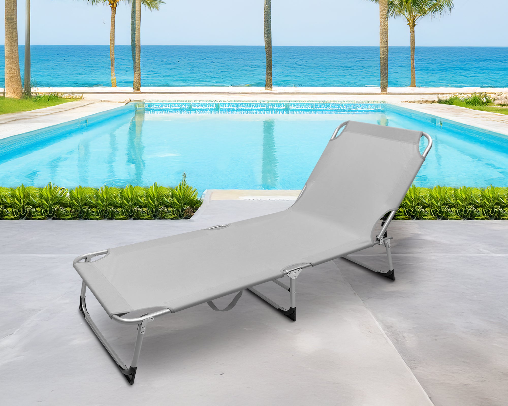 Coppia Set 2 Pezzi Lettino Prendisole Struttura In Alluminio Anodizzato Schienale Regolabile Impermeabile Resistente Raggi Uv Pieghevole Professionale Tessuto Textilene - Grigio