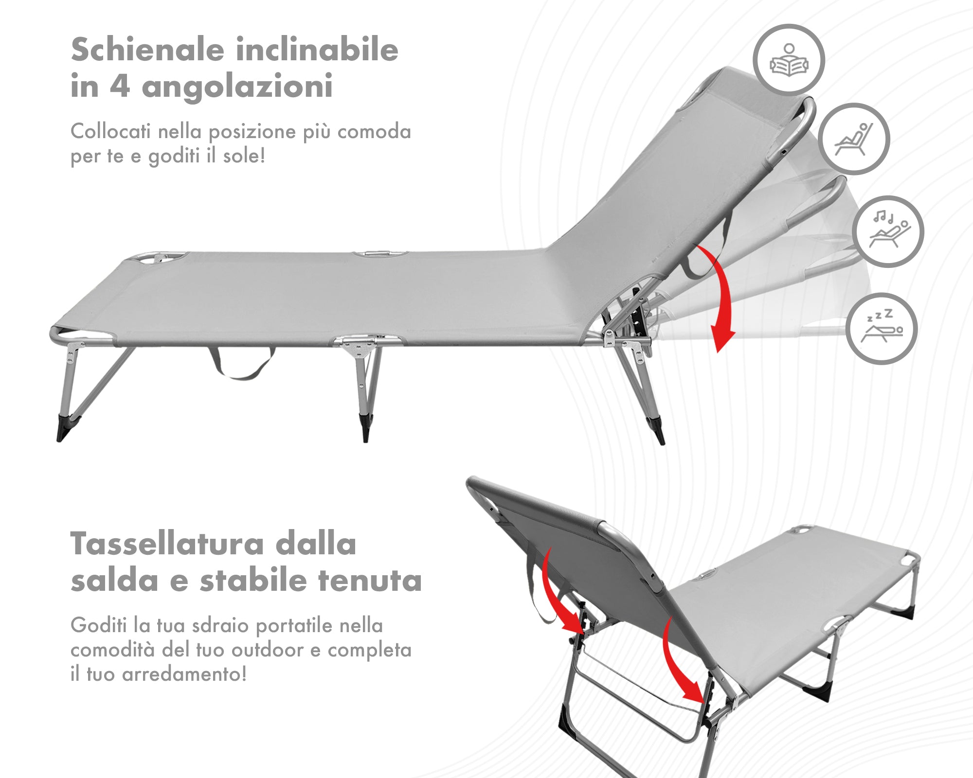 Coppia Set 2 Pezzi Lettino Prendisole Struttura In Alluminio Anodizzato Schienale Regolabile Impermeabile Resistente Raggi Uv Pieghevole Professionale Tessuto Textilene - Grigio
