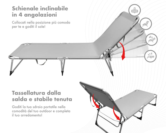 Coppia Set 2 Pezzi Lettino Prendisole Struttura In Alluminio Anodizzato Schienale Regolabile Impermeabile Resistente Raggi Uv Pieghevole Professionale Tessuto Textilene - Grigio