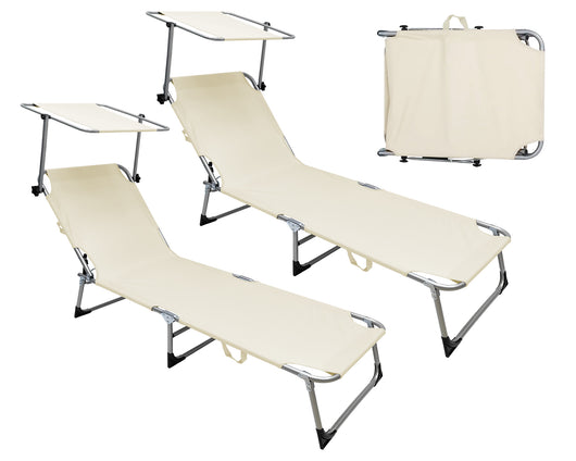 Coppia Set 2 Pezzi Lettino Malta Prendisole Con Tettino Parasole Struttura In Alluminio Anodizzato Schienale Regolabile Pieghevole Professionale Tessuto Textilene - Beige