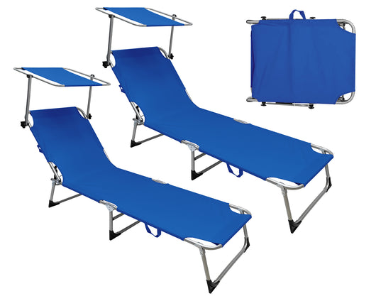 Coppia Set 2 Pezzi Lettino Malta Prendisole Con Tettino Parasole Struttura In Alluminio Anodizzato Schienale Regolabile Pieghevole Professionale Tessuto Textilene - Blu