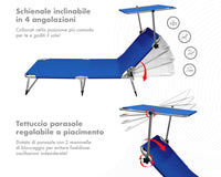 Coppia Set 2 Pezzi Lettino Malta Prendisole Con Tettino Parasole Struttura In Alluminio Anodizzato Schienale Regolabile Pieghevole Professionale Tessuto Textilene - Blu