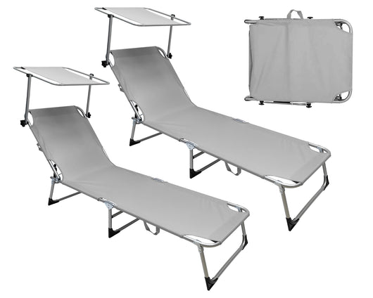 Coppia Set 2 Pezzi Lettino Malta Prendisole Con Tettino Parasole Struttura In Alluminio Anodizzato Schienale Regolabile Pieghevole Professionale Tessuto Textilene - Grigio